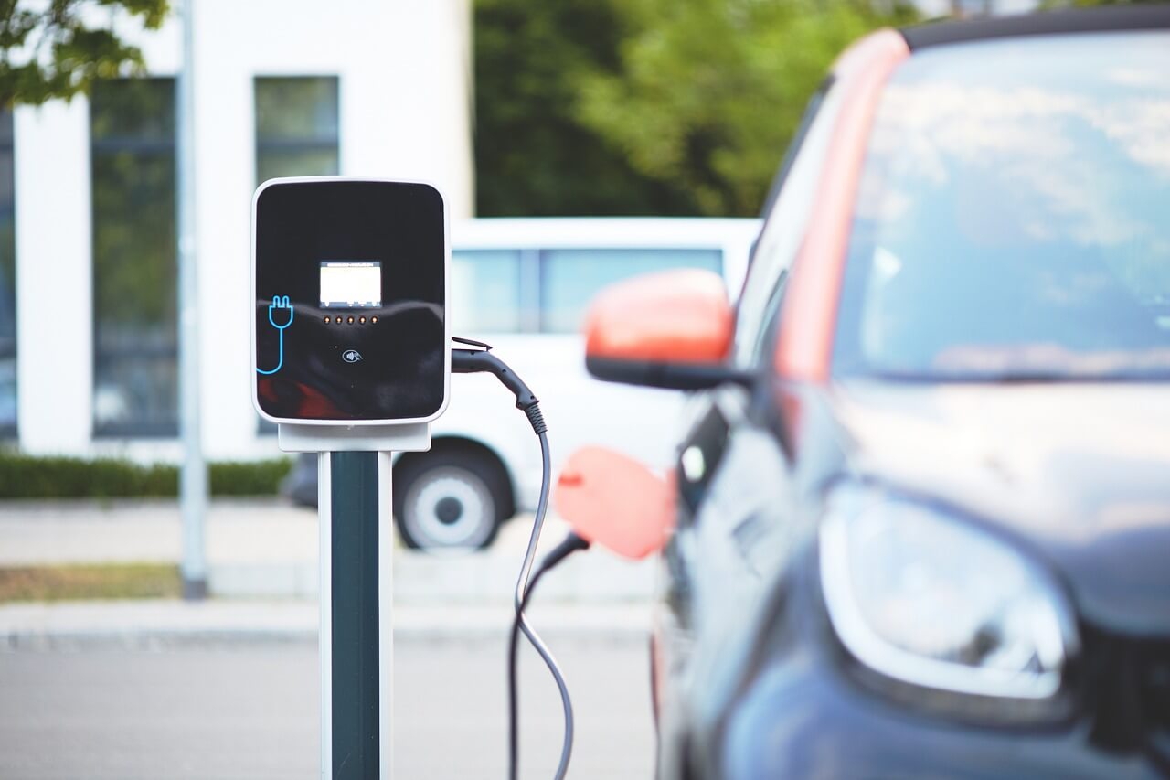 A close up of an electric car charging