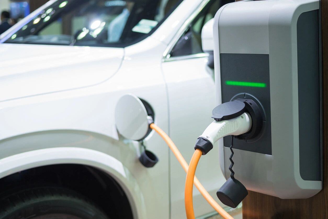 A close up of an electric car charging